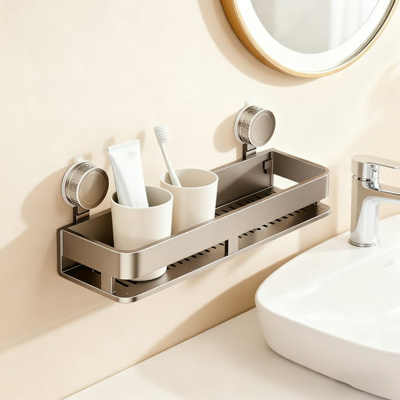 No Drill Wall Mounted Shelf with Suction Cup,Detachable Bathroom Storage Rack,Multi Functional Rectangular Organizer for Shower,Kitchen,15.75x5.51x5.12in, Easy Install,Space Saving,Home Decor