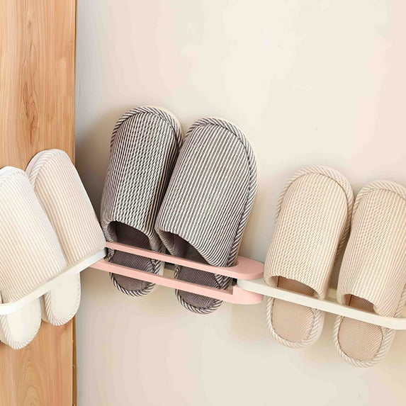 No Drill Wall Mounted Shower Shoe Rack, Foldable 3-in-1 Bathroom Slipper Organizer with Adhesive Mount, Space Saving Dorm Door Behind Storage for Towels, Pink Gray Blue Plastic Design