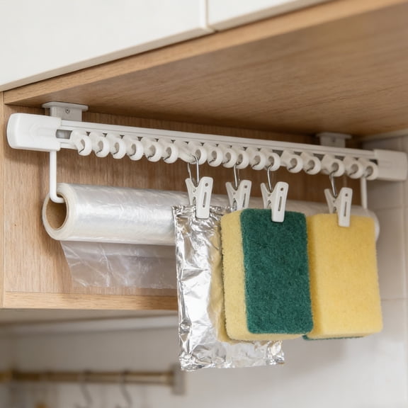 No Drill Wall Mounted Sliding Hanger Rack 11.8x0.6in with 20 Clips Adhesive Hanging Storage Rail for Bathroom Kitchen Bedroom Cabinet Door Organizer, White