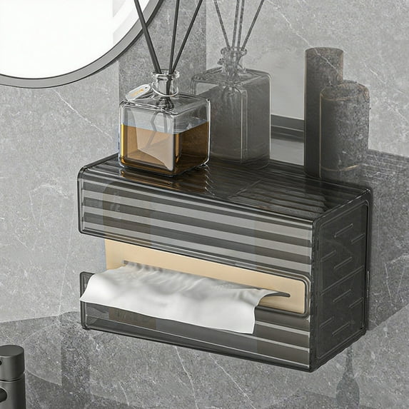 No Drill Wall Mounted Tissue Box Holder with Strong Adhesive, Clear Plastic Bathroom Paper Towel Holder for Countertop or Shower, Organizer for Kitchen Living Room, Gray, 7.5x4.9x3.7in