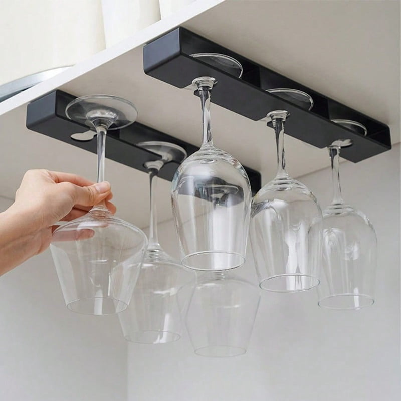 No Drill Wine Glass Rack, Under Cabinet Stemware Holder with 3-Slot ...