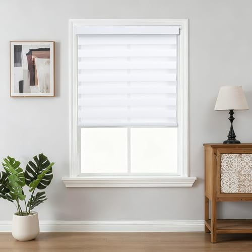 No Drill Zebra Blinds for Windows, Cordless Day & Night Dual Sheer Roller Shades, Easy Installation, Free-Stop Lift System, Light Filtering Privacy Blinds for Home(White,27" W x 75" H)