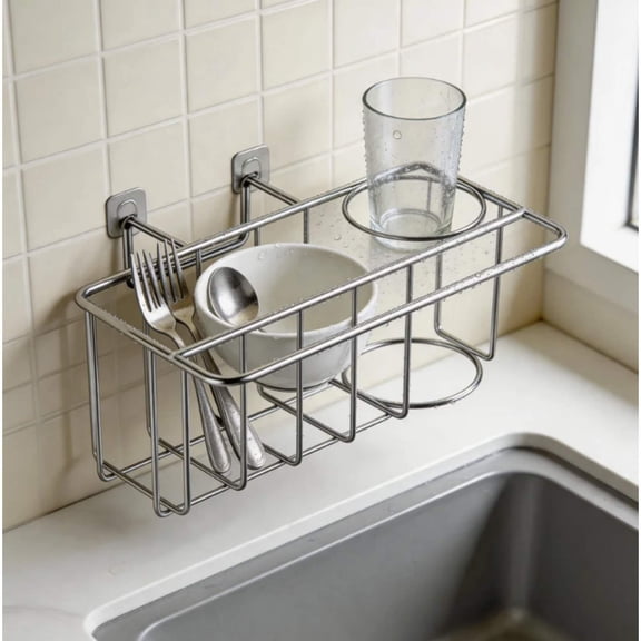 No Drilling Adhesive Mount Stainless Steel Kitchen Sink Storage Basket Hanging Cutlery Organizer with Glass Cup Holder Rust Resistant Drainage Rack for Kitchen Wash Basin Bathroom Vanity