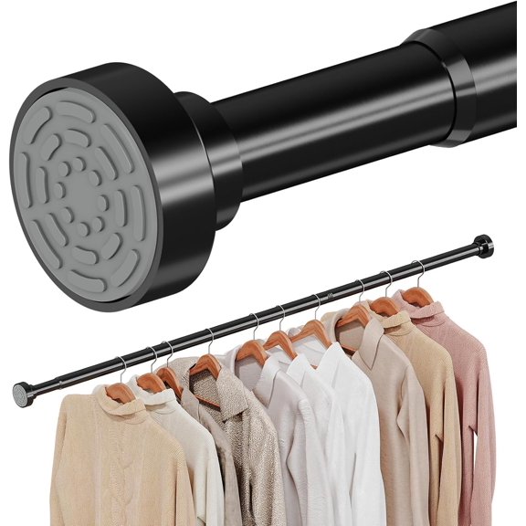 No Drilling Closet Rods for Hanging Clothes, Non Slip Tension Rod with Heavy Duty Clothes Hanging Rod, 17-28 Inches Adjustable Spring Closet Rod for Closet Wardrobe Bathroom Laundry RV, Black