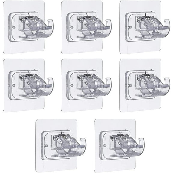 No Drilling Curtain Rod Brackets - Set of 8 Self-Adhesive Sticky Wall Hooks, Adjustable Holder for Nail Rods, Hanger for Towels, Over Door Hooks - 1 1/2 Inches