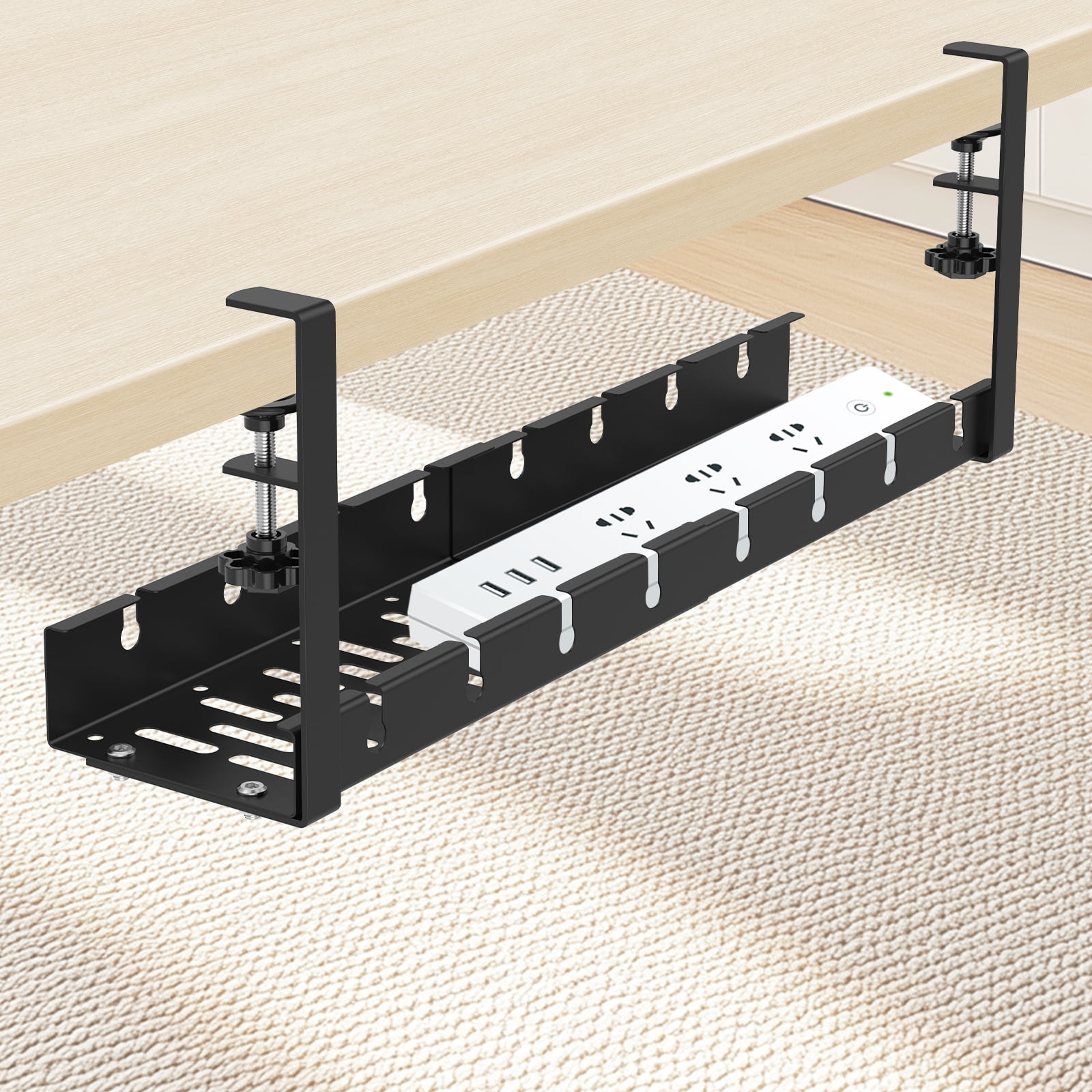 No Drilling Extendable Under Desk Cable Management, Metal Cable Management Tray Under Desk with Clamp, Retractable Power Strip Cord Holder for Wire Management from 11.8"-21.6 "