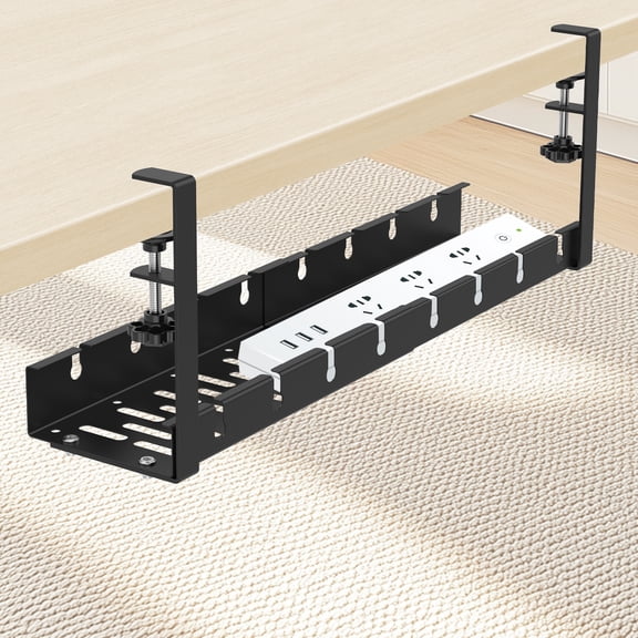 No Drilling Extendable Under Desk Cable Management, Metal Cable Management Tray Under Desk with Clamp, Retractable Power Strip Cord Holder for Wire Management from 11.8"-21.6 "