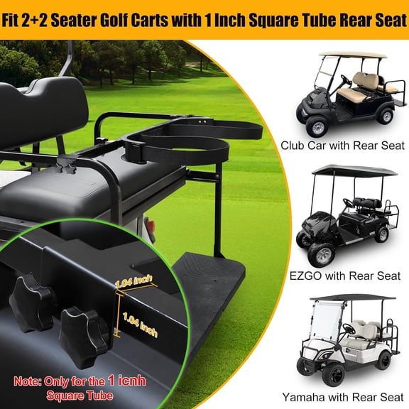 No Drilling Golf Cart Bag Holder Bracket for 2+2 Golf Cart Rear Seat with 1 Inch Square Tube, Universal Golf Bag Attachment Adjustable for EZGO Club Car Yamaha Golf Carts