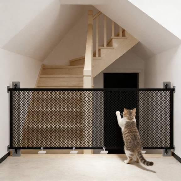 No Drilling Pet Door Fence Barrier, Anti Escape Cat Dog Safety Gate Isolation Net, Transparent Breathable Easy Install Stair Doorway Protection for Indoor Home Pet Containment