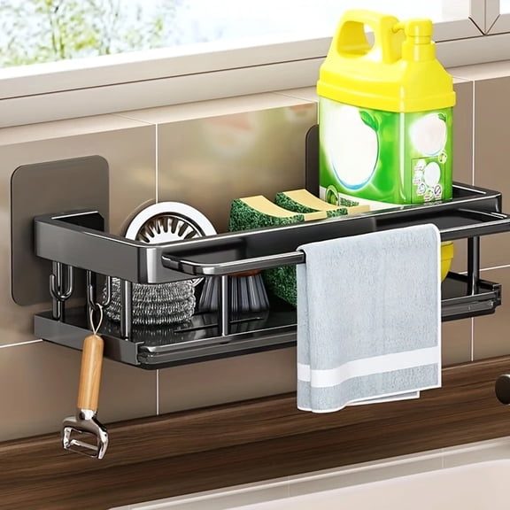 No Drilling Sponge Holder, Kitchen Wall Mount Sink Caddy with Drainer for Peeler, Brush, Soap, Cloth Rag and Towel, Multifunctional Storage Caddy for Kitchen & Bathroom(Black)