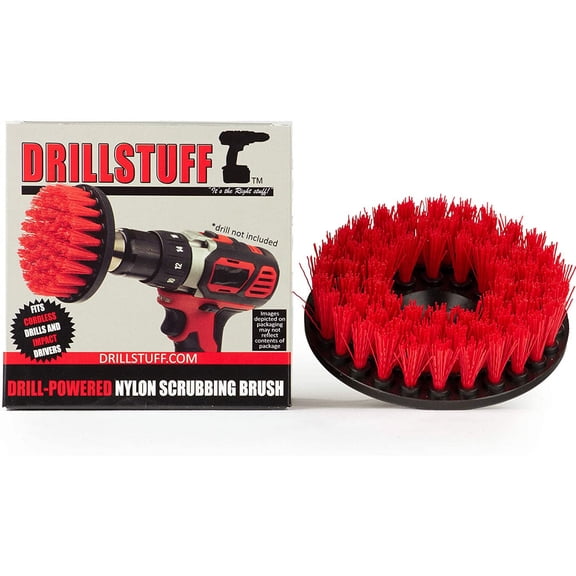 Drillstuff Outdoor Cleaning Brush - Patio, Deck, Concrete & Stone Scrubber - Red Nylon Bristles - Professional Grade & Versatile - 5 Inch Flat Head