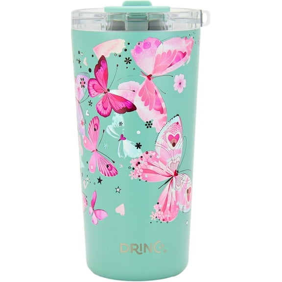 Drinco - 20 oz Stainless Steel Tumbler | Double Walled Vacuum Insulated Mug With Lid, 2 Straws, For Hot & Cold Drinks (Butterfly)