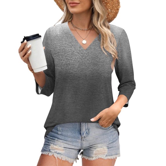 Drindf 3/4 Length Sleeve Gradient Womens Shirts V Neck Dressy Casual Tunic Tees Spring Loose Fit Tops Lightweight Comfy Blouses Gray XXL