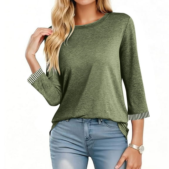 Drindf 3/4 Length Sleeve Shirts Crewneck Striped Patchwork Tunic Shirt Black Loose Fit Lightweight Blouses Spring Comfy Business Casaul Tops Green L