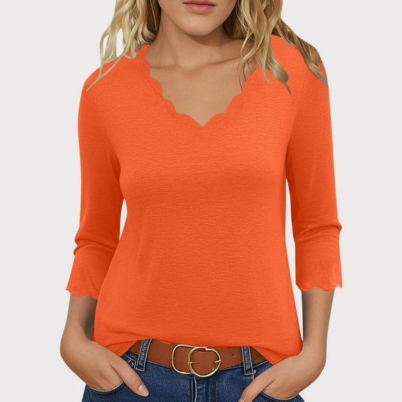 Drindf 3/4 Length Sleeve Womens Blouses Scalloped Trim V Neck Solid Color Tunic Shirts Dressy Casual Business Outfits Summer Lightweight Pullover Tops Orange L
