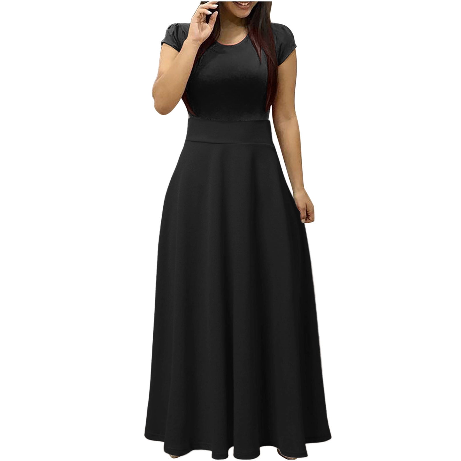 Drindf Black Dresses for Women Basic Crew Collar Short Sleeve Long ...