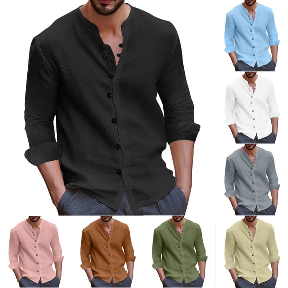 Drindf Button Down Linen Shirts for Men Big and Tall Long Sleeve Shirt Beach Vacation Clothes Lightweight Cotton and Linen Tops Casual Loose Fit Plain Shirts