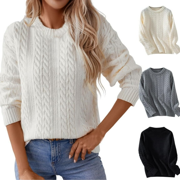 Drindf Cable Knit Sweaters for Women Long Sleeve Fall Winter Shirts Casual Round Neck Pullover Sweater Comfy Soft Knitwear Solid Color Loose Jumper Blouses