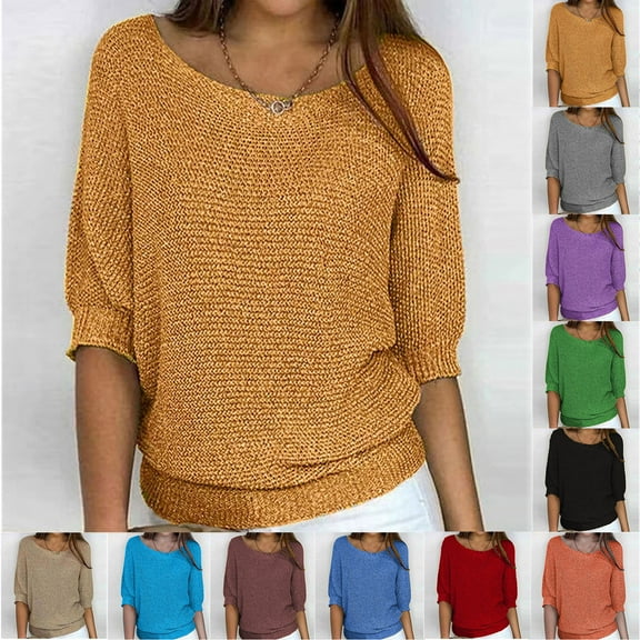 Drindf Chunky Knit Sweaters for Women Plus Size Boat Neck Shirts Elegant 3/4 Sleeve Sweater Tops Dressy Casual Dolman Shirt Loose Solid Color Jumpers