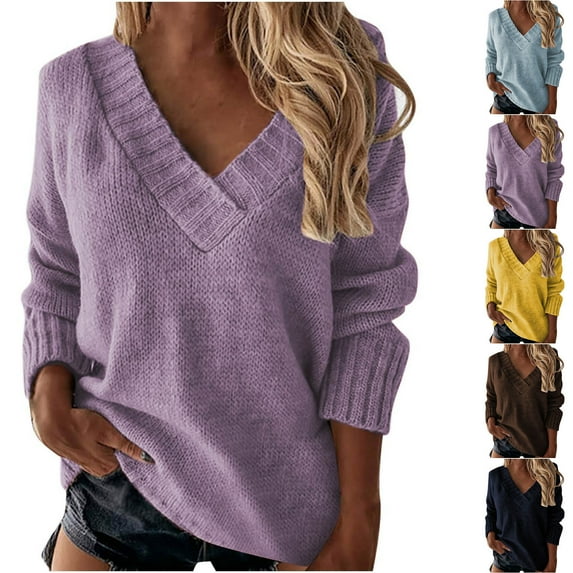 Drindf Chunky Sweaters for Women Comfy V Neck Sweater Loose Long Sleeve Pullover Tops Solid Color Cable Knit Shirts Casual Lightweight Knitwear