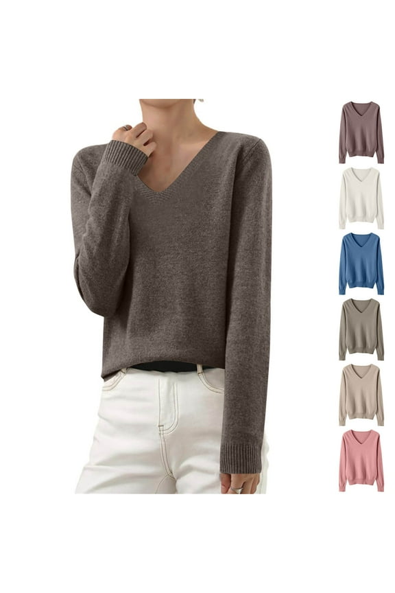 Cotton Knit Sweaters for Women V Neck Sweater Comfy Soft Long Sleeve Shirts Casual Loose Fitted Knitwear Solid Color Pullover Tops