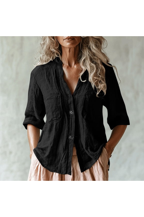 Cotton Linen Half Sleeve Womens Shirts V Neck Button Down Casual Shirt with Pockets Black Lightweight Loose Fit Tops Comfy Spring Basic Clothes Black L