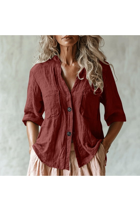Cotton Linen Half Sleeve Womens Shirts V Neck Button Down Casual Shirt with Pockets Black Lightweight Loose Fit Tops Comfy Spring Basic Clothes Red XXL