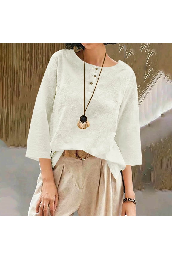 Cotton Linen Womens Shirts Crewneck Black Casual Blouses with Buttons 3/4 Length Sleeve Lightweight Shirt Spring Workout Tops White M