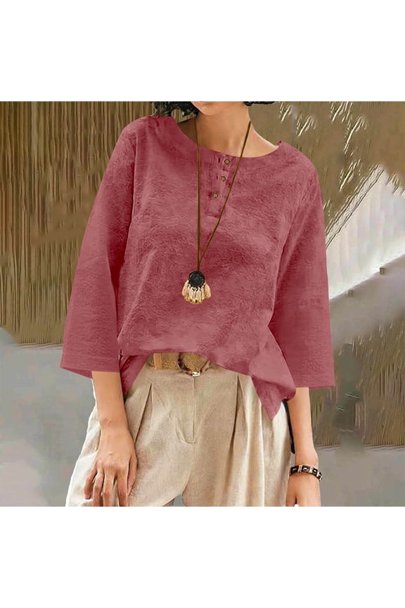 Cotton Linen Womens Shirts Crewneck Black Casual Blouses with Buttons 3/4 Length Sleeve Lightweight Shirt Spring Workout Tops Wine XL