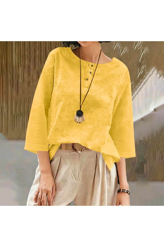 Cotton Linen Womens Shirts Crewneck Black Casual Blouses with Buttons 3/4 Length Sleeve Lightweight Shirt Spring Workout Tops Yellow M