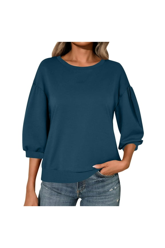 Drop Shoulder Womens Sweatshirts Crewneck 3/4 Sleeve Pullover Shirts Solid Color Casual Loose Fit Blouses Spring Comfy Tops Navy XL