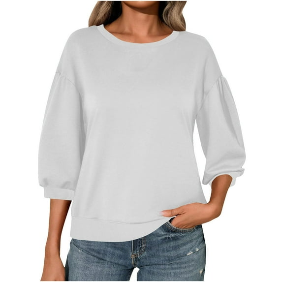 Drindf Drop Shoulder Womens Sweatshirts Crewneck 3/4 Sleeve Pullover Shirts Solid Color Casual Loose Fit Blouses Spring Comfy Tops White S
