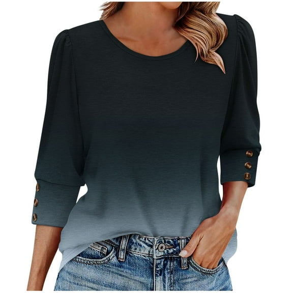 Drindf Elegant Plus Size Gradient Womens Blouses 3/4 Length Sleeve Crewneck Tunic Shirts with Buttons Loose Fit Pullover Shirt Spring Trendy Tops Black S