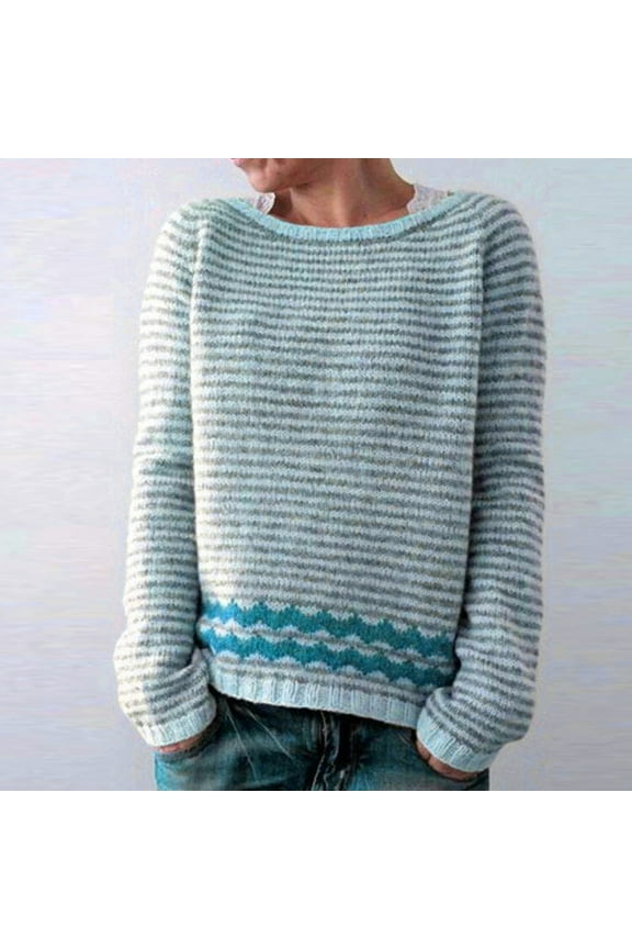 Fair Isle Sweater for Women Plus Size Knitted Shirts Retro Crew Neck Sweaters Comfy Long Sleeve Pullover Shirt Loose Blue Striped Jumper Tops