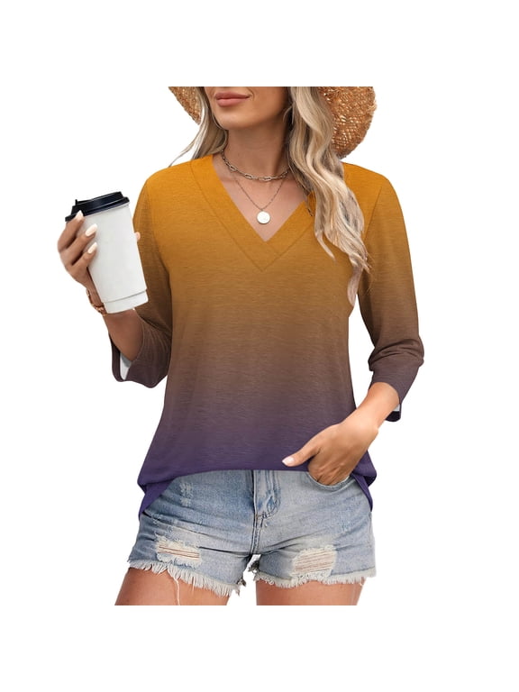 Gradient Womens Shirts 3/4 Length Sleeve V Neck Tunic Tees Dressy Casual Loose Fited Tops Spring Workout Blouses Beige XL