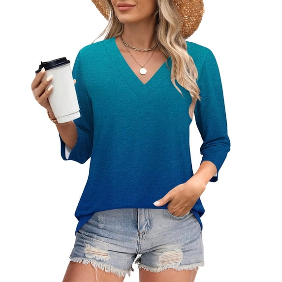 Drindf Gradient Womens Shirts 3/4 Length Sleeve V Neck Tunic Tees Dressy Casual Loose Fited Tops Spring Workout Blouses Blue S