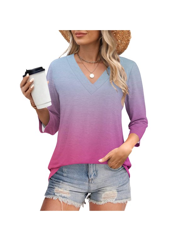 Gradient Womens Shirts 3/4 Length Sleeve V Neck Tunic Tees Dressy Casual Loose Fited Tops Spring Workout Blouses Dark Blue L