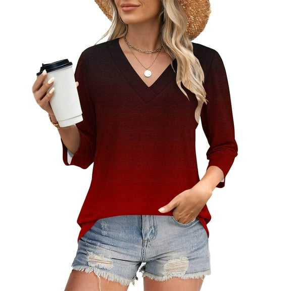 Drindf Gradient Womens Shirts 3/4 Length Sleeve V Neck Tunic Tees Dressy Casual Loose Fited Tops Spring Workout Blouses Light Blue L