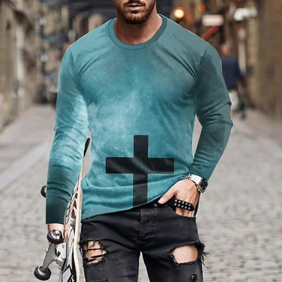 Drindf Jesus Cross Tops for Men Big and Tall Casual Long Sleeve T Shirts Lightweight Loose Fitted Tees Comfort Round Neck Tee Shirt
