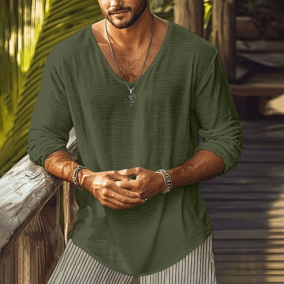 Drindf Long Sleeve Linen Tops for Men Casual V Neck T Shirt Lightweight Breathable Cotton and Linen T-Shirts Loose Fits Plain Tees Solid Color Basic Shirt