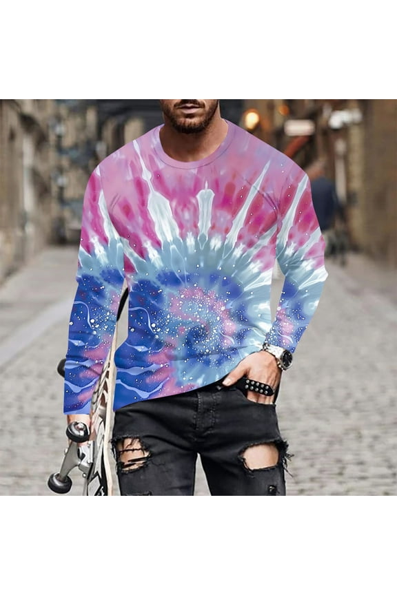 Long Sleeve Shirts for Men Trendy 3D Tie Dye Graphic Tees Big & Tall Casual Crew Neck T Shirt Novelty Designer T-Shirts Loose Fit Crewneck Tshirt Tops