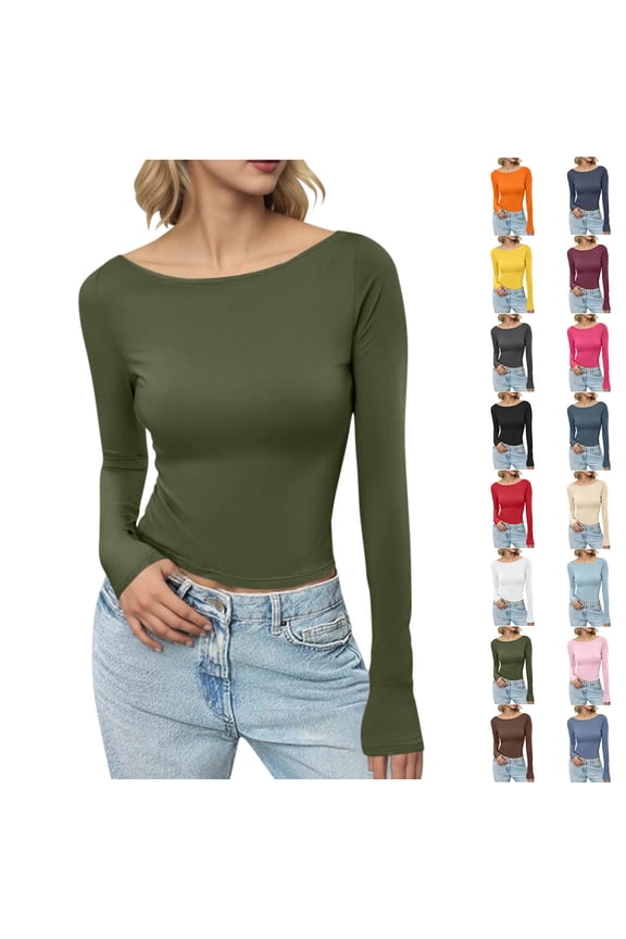 Long Sleeve Shirts for Women Boat Neck Slim Fit Casual Shirt Comfy Elegant Business Casual Blouses Spring Going Out Tops Army Green M