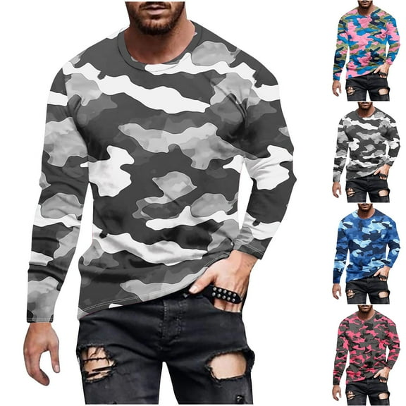 Drindf Long Sleeve Tactical Shirts for Men Big and Tall Fashion Camo Graphic T-Shirt Athletic Moisture Wicking Tops Lightweight Round Neck Pullover Tshirts