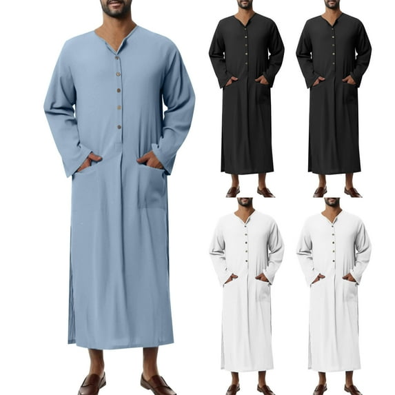 Drindf Men's Big and Tall Muslim Thobe Button Down Kaftan Robes Solid Long Sleeve Muslim Gown Loose Fit Casual Henley Shirts Kurta Tops with Pockets