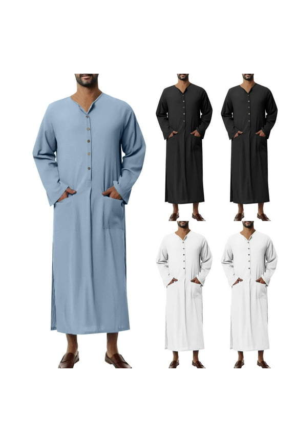 Men's Big and Tall Muslim Thobe Button Down Kaftan Robes Solid Long Sleeve Muslim Gown Loose Fit Casual Henley Shirts Kurta Tops with Pockets