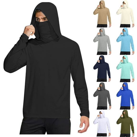 Drindf Men's UPF 50+ Sun Protection Hoodie with Mask Lightweight Long Sleeve SPF UV Shirt for Outdoor Fishing Running Hiking