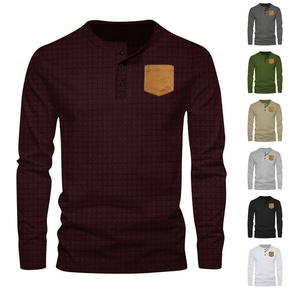 Drindf Men's Waffle Knit Shirts Slim Fit Button Up Henley Shirt Casual Crew Neck T-Shirts Breathable Long Sleeve Pullovers for Men Classic Blouses