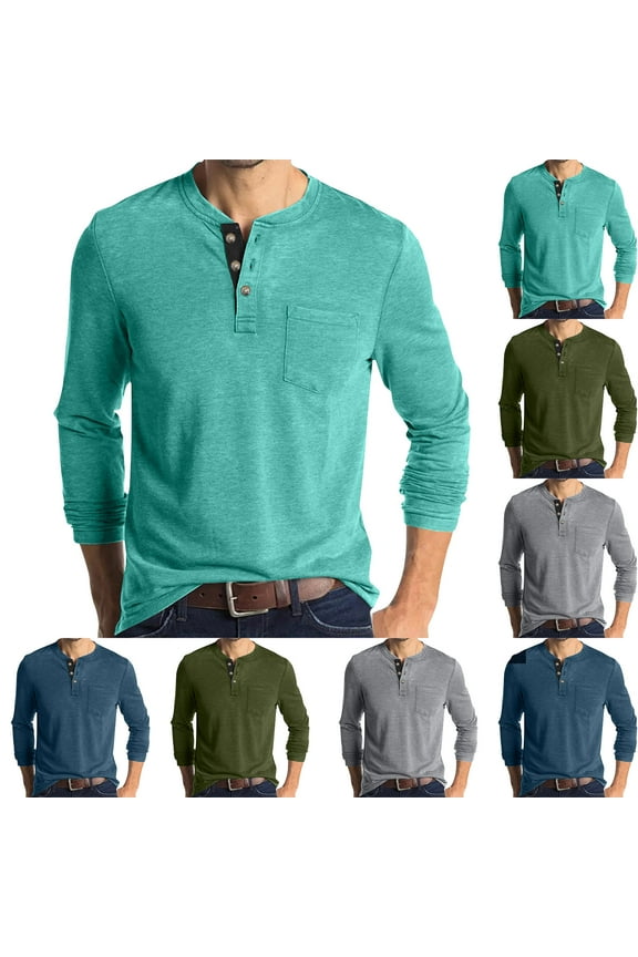Mens Button Down Henley Shirt Lightweight Casual Cotton Tops Classic Long Sleeve Shirts Breathable Comfort Plain Shirt Top with Pocket Playeras Manga Larga Para Hombre