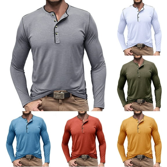 Drindf Mens Henley Shirts Classic Fit Long Sleeve T Shirt Beach Vacation Tops Casual Button Up Tshirts Lightweight Crewneck Muscle Tee Shirts