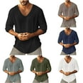 thumbnail image 1 of Drindf Mens Long Sleeve Linen Shirts Cotton V Neck T Shirt Loose Fit Plain Tees Comfort Breathable Fall Clothes Casual Solid Color Tshirts Men's Tops, 1 of 9